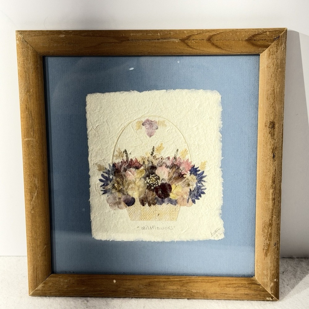 Framed Pressed Flower Art "Wildflowers" Signed 1992 Handmade Paper